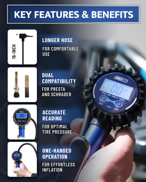 Digital Bike Tire Inflator With Pressure Gauge For Presta And Schrader Valves features and benefits with close-up gauge view
