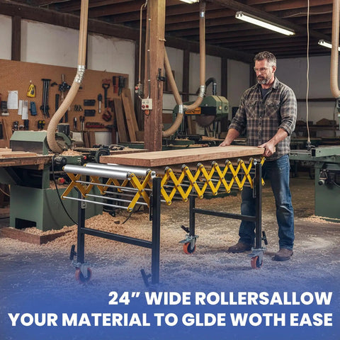Heavy Duty 1250 Lb Expandable Conveyor Roller With Skate Wheels 24 Inch Wide Adjustable Height with wood being moved in workshop.