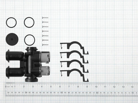Solenoid Manifold Kit For Valve Rebuilds And Replacement, DIY friendly assembly with screws and rings on grid background.