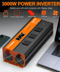 3000W Power Inverter 12V DC To 120V AC Car Truck RV showing USB port, sockets, remote control, and cooling fans.