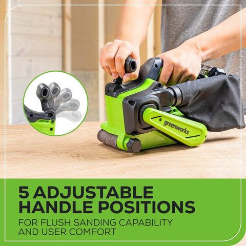 Cordless 24V Brushless Belt Sander Kit With No-Cord Convenience shown with adjustable handle, dust bag, and 3-inch by 18-inch belt.