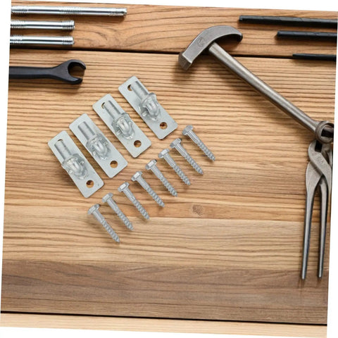 Four Pack Heavy Duty Wall Mount Gate Hinges With 12.7mm Bore And Premium Mounting Screws Weather Resistant Steel laid out on wooden surface.