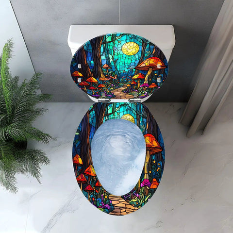Elongated Decorative Resin Toilet Seat for Bathroom with colorful forest and mushroom design.