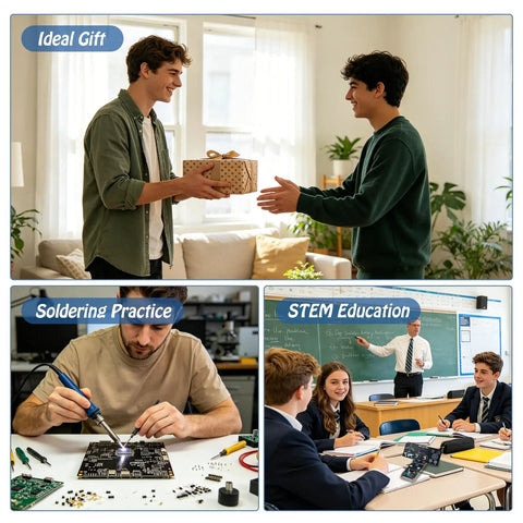 Straight Up DIY Flight Simulator Soldering Kit With Interactive LCD Display, Dual Control Knobs, Live Speed And Angle Readouts in a classroom setting.