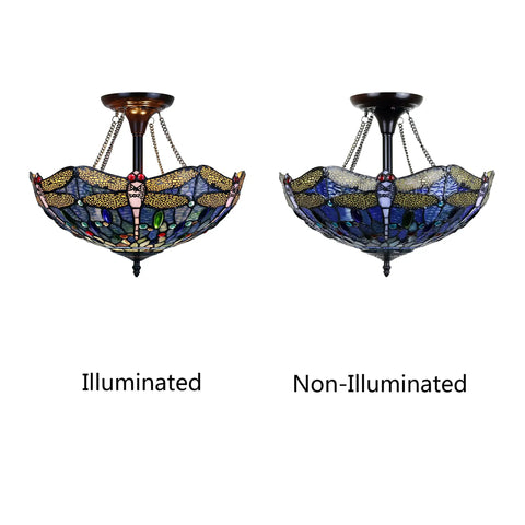 Sunniva Dragonfly Tiffany-Style Two-Light Dark Bronze Semi-Flush Ceiling Fixture illuminated and non-illuminated views
