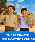 Two kids with Pirate Adventure Activity Kit For Kids Hands On Treasure Digging Craft A Pirate Hat And Map With Spyglass Compass