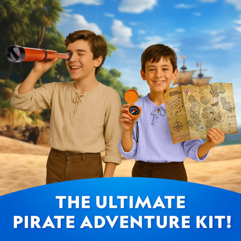 Two kids with Pirate Adventure Activity Kit For Kids Hands On Treasure Digging Craft A Pirate Hat And Map With Spyglass Compass