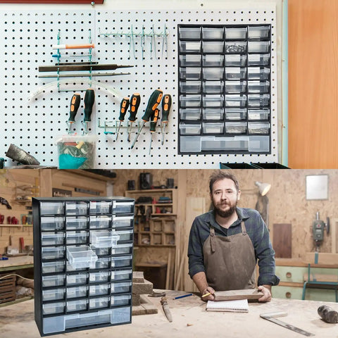 33 Drawer Plastic Small Parts Organizer For Hardware, Crafts, Beads And More, Full Extension Drawers, in workshop setting