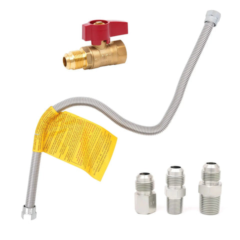 Stainless Steel 22 Inch Flexible Gas Line With Brass Ball Valve And Coupling Kit For Wall Heaters And Fireplaces, One Half Inch Flare On Both Ends, Includes One Half Inch Flare To One Half Inch NPT Adapters, Mr Heater F271239 Compatible