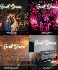 "Pink LED Neon Sign For Wall Handmade Decor With Dimmer Room Glow Neon Light For Bedroom Inspirational Light Sign To Boost Vibes Easy Mount Perfect Birthday Party Gift" displayed in different settings: wedding, bar party, dining room, and studio.