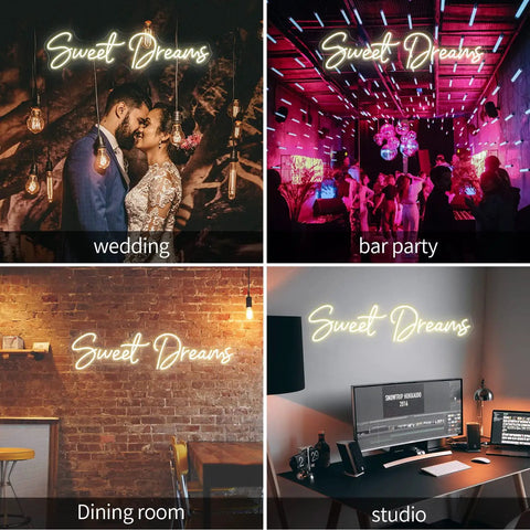 "Pink LED Neon Sign For Wall Handmade Decor With Dimmer Room Glow Neon Light For Bedroom Inspirational Light Sign To Boost Vibes Easy Mount Perfect Birthday Party Gift" displayed in different settings: wedding, bar party, dining room, and studio.