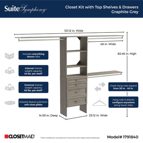 Kick Your Closet Cleanup Into High Gear With This Sturdy Wood System Featuring Four Slide Out Drawers Flexible Shelving And Three Expandable Rods That Honestly Maximizes Every Inch In Sleek Graphite Grey, showcasing a detailed closet kit.