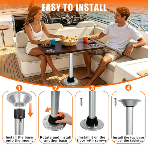 Easy installation steps for Built Tough 29 Inch Boat Table Leg and RV Camper Stand with Twist Lock System on a boat.