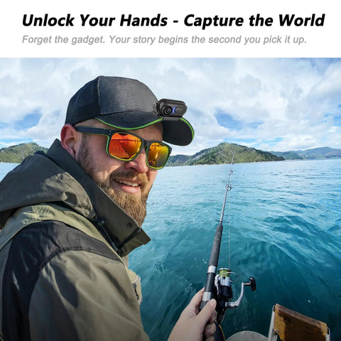 Man fishing wearing 4K Mini Body Camera With Stabilization And Hands Free Magnetic Clip For Cycling Travel Work And Daily Vlogging