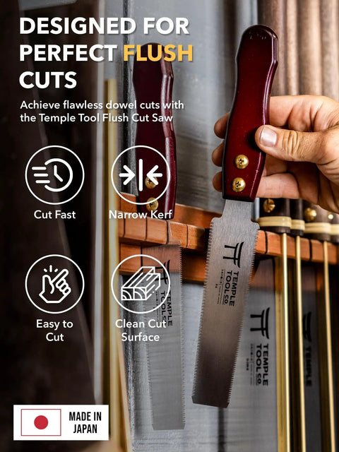 Heavy Duty Six Inch Japanese Flush Cut Saw With Double Edge Pull Design hanging on a holder, showcasing clean dowel cut features.