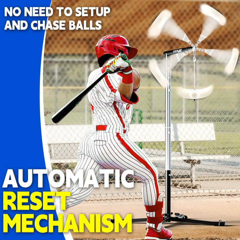 Player using Auto Reset Baseball And Softball Hitting Tee With Tethered Ball Adjustable 20 To 45 Inches Metal X Base.