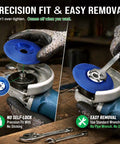 Premium Tungsten Carbide Carving Wheel For Angle Grinder With Aggressive Coarse Blades shown being easily removed using a wrench.