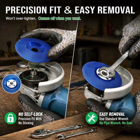 Premium Tungsten Carbide Carving Wheel For Angle Grinder With Aggressive Coarse Blades shown being easily removed using a wrench.