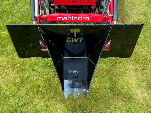 Beefy Stump Bucket For Tractors 32 To 60 HP Front End Loader Attachment With Real Leverage, shown on grass, front view