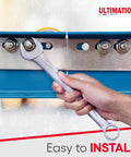 Hand installing RS14 Conveyor Connector Plate Kit With 2 Steel Plates Zinc Plated Screws And Lock Nuts on blue frame