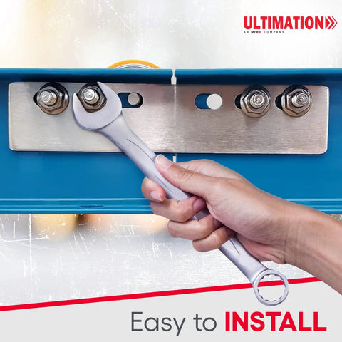 Hand installing RS14 Conveyor Connector Plate Kit With 2 Steel Plates Zinc Plated Screws And Lock Nuts on blue frame