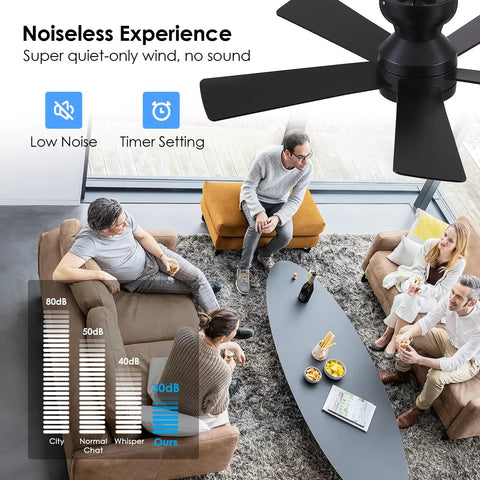 Living room with ceiling fans with lights flush mount 46 inch low profile remote controlled 5 dual sided blades reversible