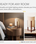 Quinn Table Lantern With Walnut Birch Wood Crisscross Base And Natural Linen Shade on a nightstand, modern vintage blend