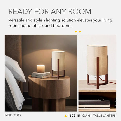 Quinn Table Lantern With Walnut Birch Wood Crisscross Base And Natural Linen Shade on a nightstand, modern vintage blend