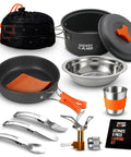 All In One 11 Piece Camping Cookware Set With Stove And Adapter for Backpacking Hiking and Picnics, featuring pot and pan.