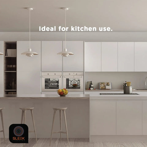 Modern kitchen with 13W T2 Spiral CFL GU24 Base Light Bulb 2700K Warm White 800 Lumens Money Saving Energy Efficient lighting