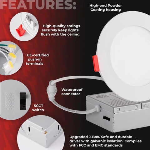 Image showing features of Six Inch LED Recessed Lighting Kit 16 Pack Ultra Thin Canless Dimmable Downlights Color Selectable 2700K To 5000K 1050 Lumens ETL Energy Star White Energy Efficient Next Level Brightness