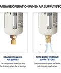 1/2 Inch NPT Air Line Dryer drainage operation with manual drain and polycarbonate bowl, showcasing lock and auto-drain features.