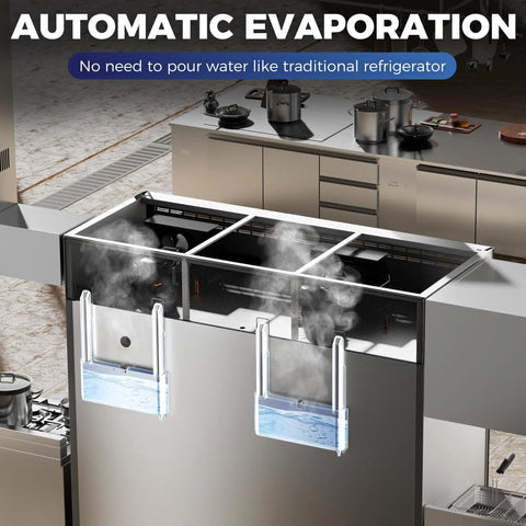Real Deal Three Door Commercial Freezer 72 Inch Reach In Upright 54 Cubic Foot Capacity Heavy Duty Stainless Steel Frame showing automatic evaporation feature in kitchen.