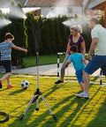Adjustable Standing Misting System For Outdoor Patio, 4.1 Ft Height With Tripod Stand, kids playing in backyard setting