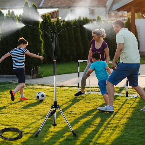 Adjustable Standing Misting System For Outdoor Patio, 4.1 Ft Height With Tripod Stand, kids playing in backyard setting