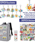 Image of Totally Cool 98 Piece Science Party Favors Bundle with keychains and sticker designs for STEM events.