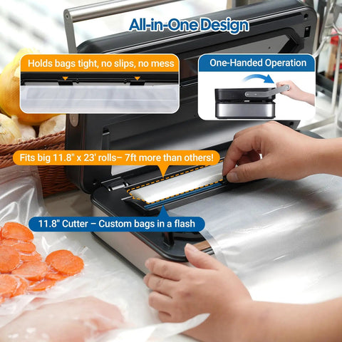 User operating the Powerful 160W Double Pump Vacuum Sealer Machine for quick food preservation, showing built-in roll storage and cutter.