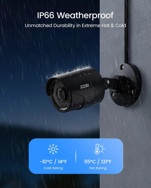 AI Powered Home Security System With Human And Vehicle Detection 8 Channel DVR 4 X 1080P Bullet Cameras in rain, IP66 weatherproof.