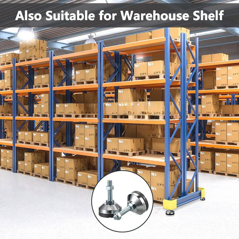 Heavy Duty M12 Leveling Feet Set Offering Rock Solid Stability For Cnc Machines And Workbenches showing adjustable steel pads on a warehouse shelf.