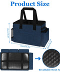 Heavy Duty Hot Tub Chemical Storage Bag With Pockets And Handle Pool Cleaning Caddy Tool Organizer Tote shown with dimensions and mesh fabric detail.