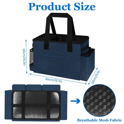 Heavy Duty Hot Tub Chemical Storage Bag With Pockets And Handle Pool Cleaning Caddy Tool Organizer Tote shown with dimensions and mesh fabric detail.