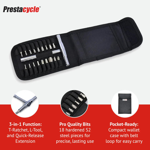 T-Handle Ratchet Wallet Kit Ride-Ready Pocket-Sized Three-Way Tool Set With Twelve Bike-Specific Quarter-Inch Bits shown in black case