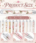 Floral Rose Pink Pen And Notepad Gift Set With 12 Flower Ballpoint Pens shown with floral designs and smooth clickers.