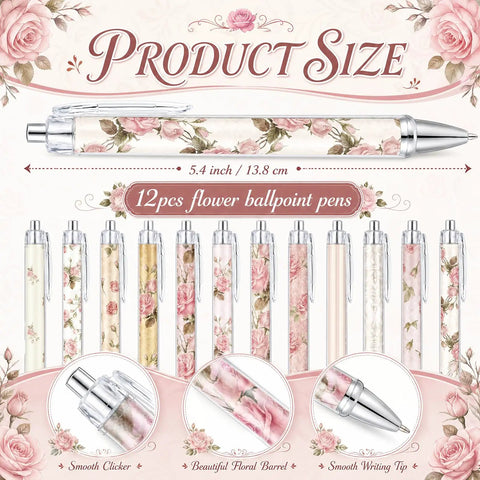 Floral Rose Pink Pen And Notepad Gift Set With 12 Flower Ballpoint Pens shown with floral designs and smooth clickers.
