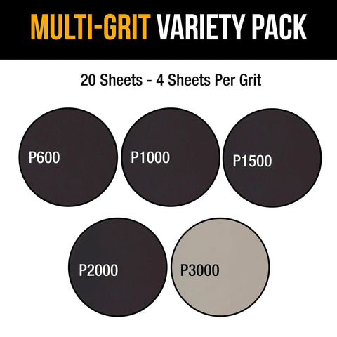 Six Inch Wet Or Dry Sanding Discs Variety Pack 20 Pc Set With Hook And Loop Backing Grits 600 1000 1500 2000 3000 4 Each labeled circles