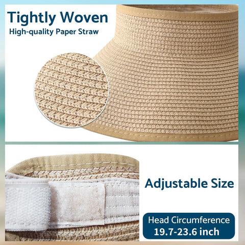 Close-up of Women's Wide Brim Packable Straw Hat With Ponytail Opening featuring tightly woven paper straw and adjustable head size.