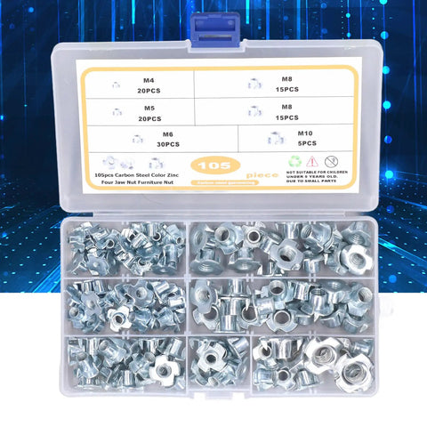 105 Piece T Nut Assortment Kit Galvanized Carbon Steel 4 Prong Tee Nut Fasteners in box