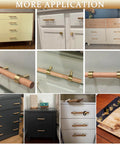 Various uses of Natural Wood Kitchen Cabinet Handles 2 To 5 Inch 4 Piece Set with Brushed Brass Base on cabinets and drawers.