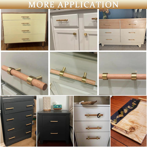 Various uses of Natural Wood Kitchen Cabinet Handles 2 To 5 Inch 4 Piece Set with Brushed Brass Base on cabinets and drawers.