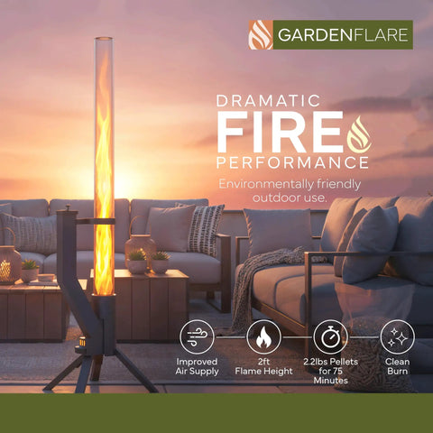 Stainless Steel Pellet Stove Smokeless Firepit For Ambiance On The Patio with glowing fire tube at sunset on outdoor furniture.